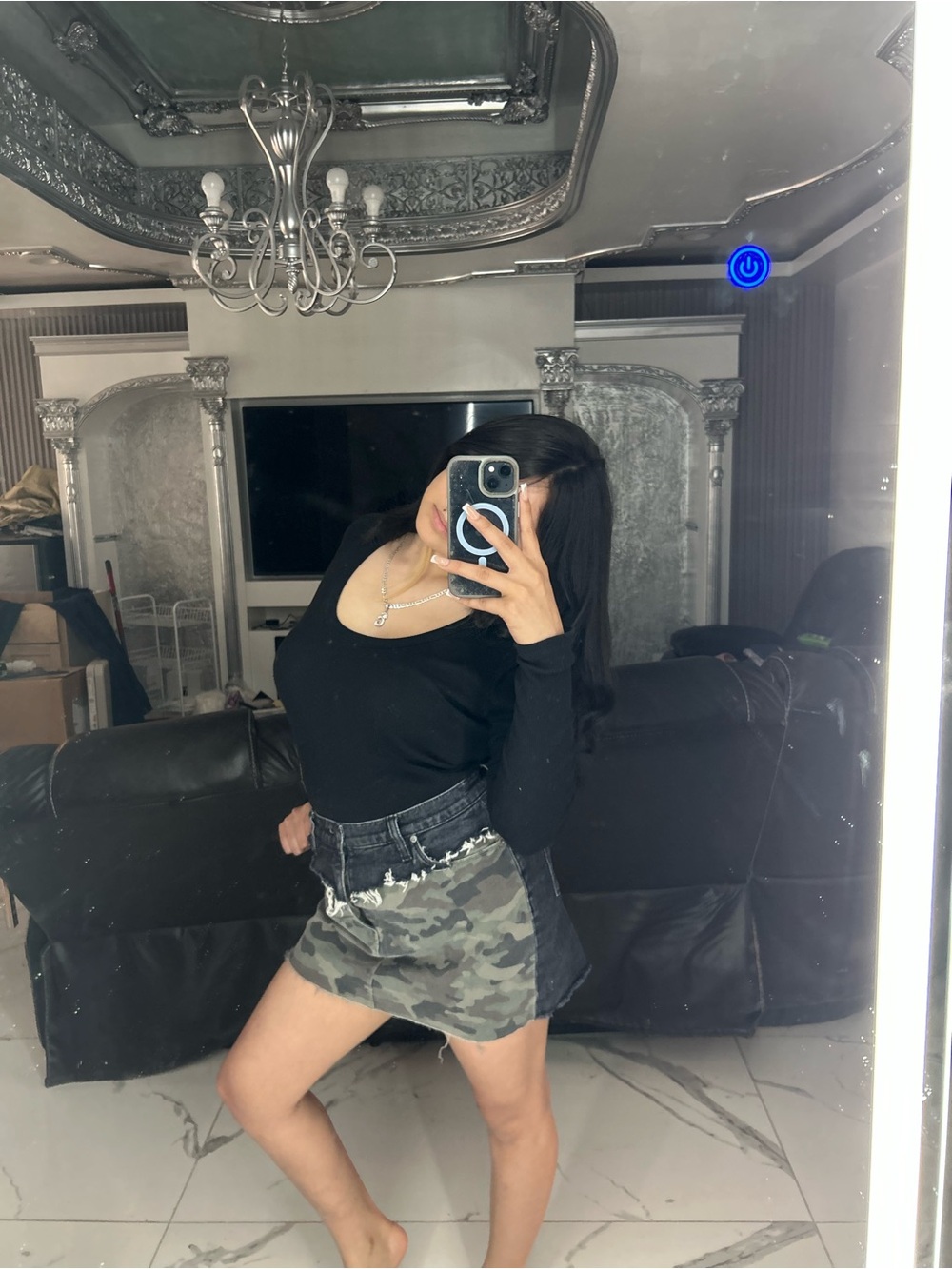 Hudson Los Angeles Mini Skirt with Frayed Hem - Green Camo